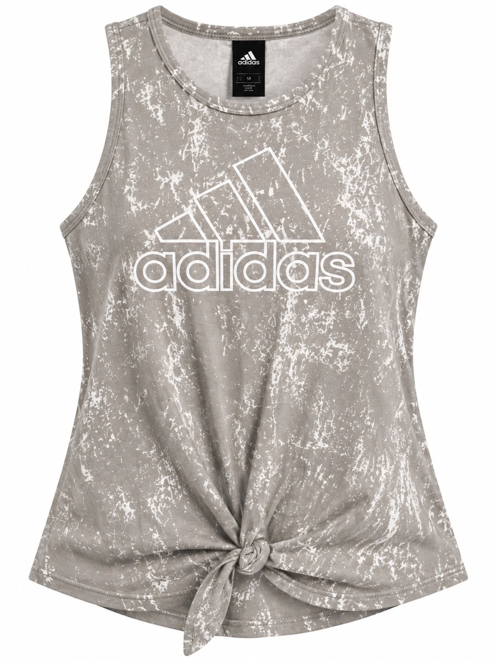 adidas Womenโs Gray Marble Tie-Front Tank Top with White Logo